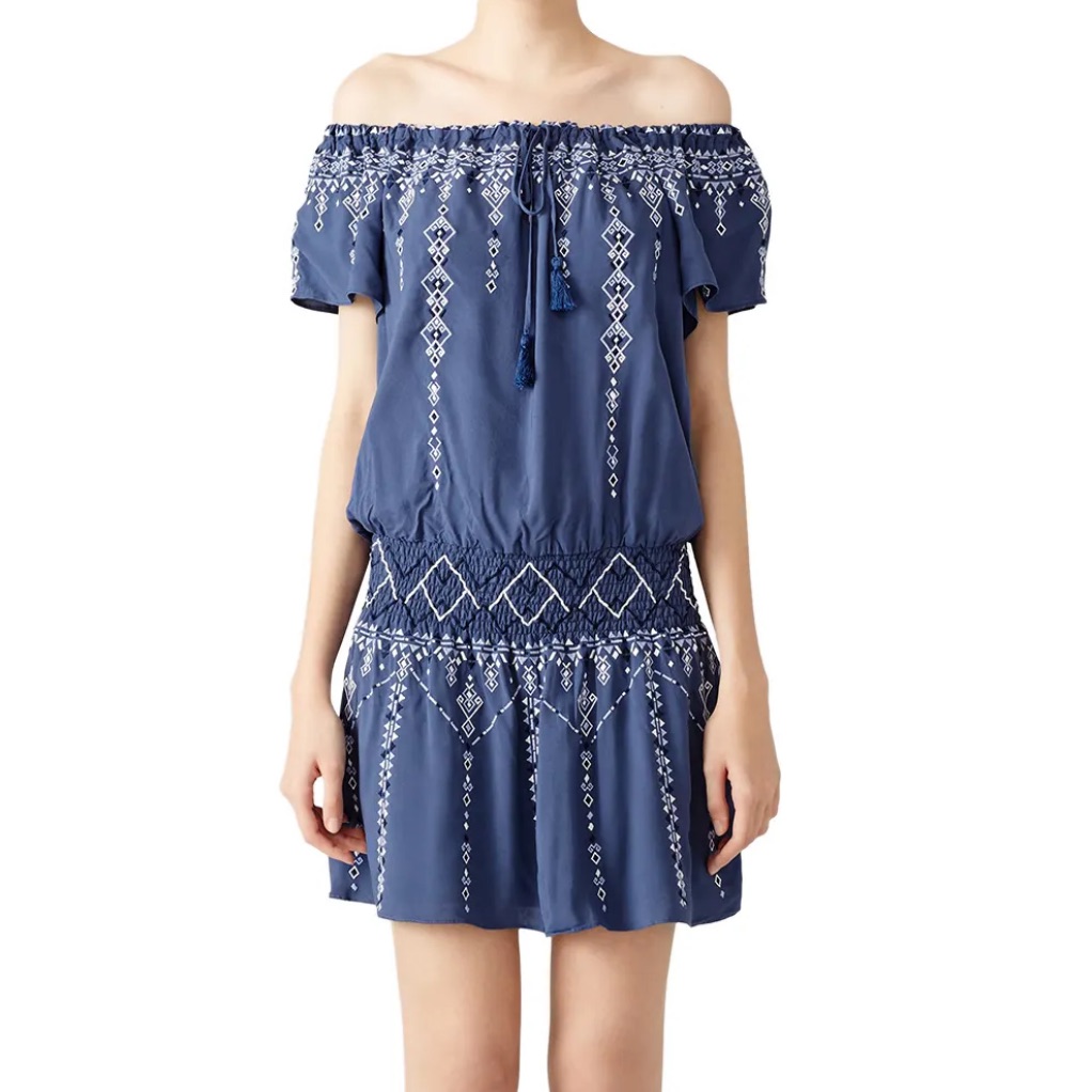 Parker Tammy Dress Size S Blue Off-Shoulder Mini Embroidered Smocked Tassels
